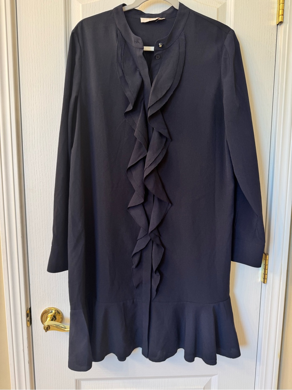 Tory Burch Jane Ruffle Front Shirt Dress Navy Blue Size 12 Long Sleeve
